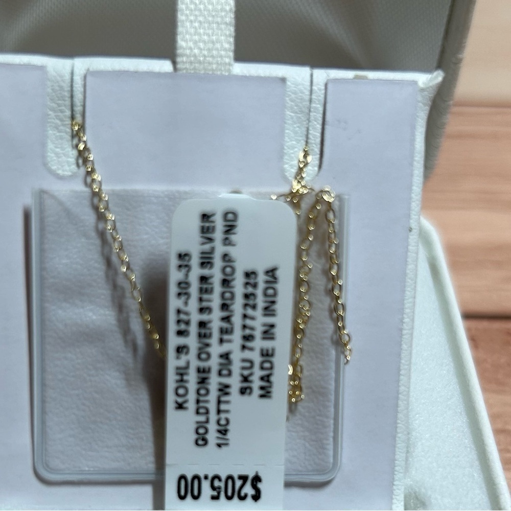 Gold-tone Over Sterling Silver 1/4 ct Diamond Teardrop Pendent Necklace NWT - Picture 3 of 3